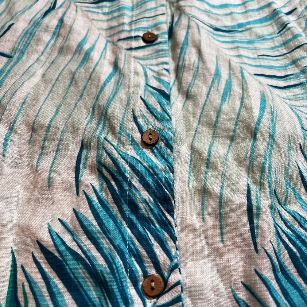Tahari 100% Linen Boxy Blue and Green Leaf Print Blouse Button Up Back Women's L - Picture 3 of 7